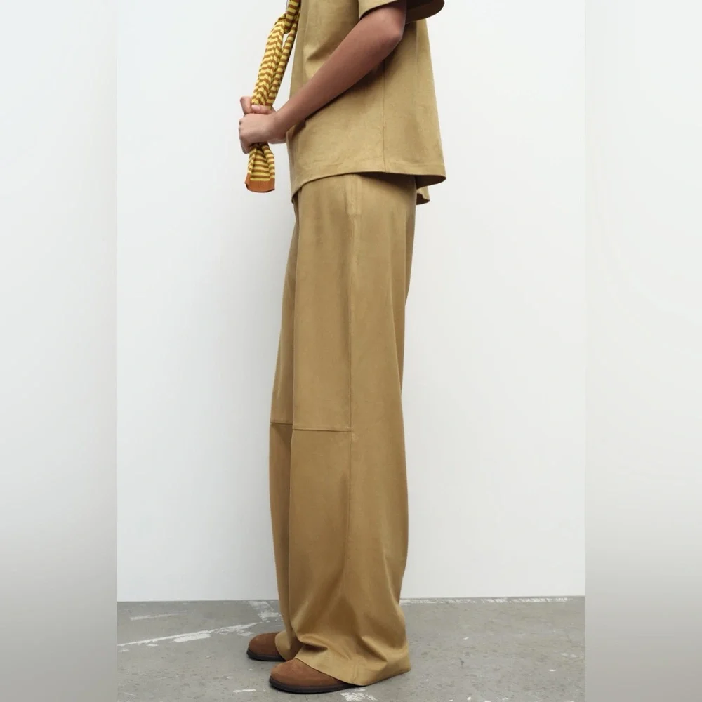 Zara NWT 2 piece matching SET tan faux suede tee shirt & wide leg pants